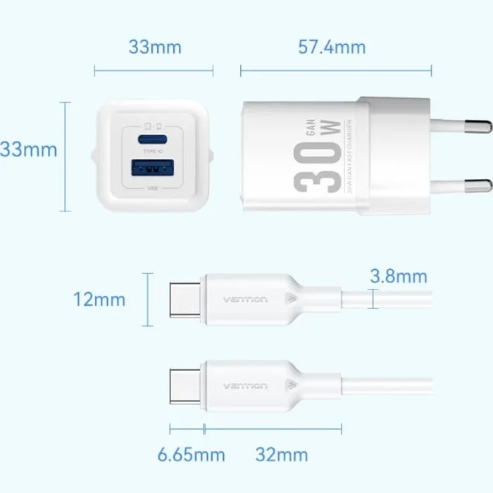 Vention Cargador de Pared GaN 30W 2 Puertos USB-C y USB-A con Cable USB-C (TZ-FEQB0-EU-01), Rápido, Compacto, Compatible PD/QC